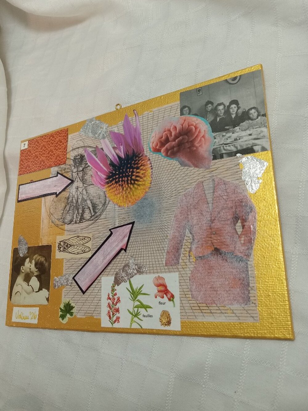 Prints of old magazines on canvas, gold paint, and mixed-media collages